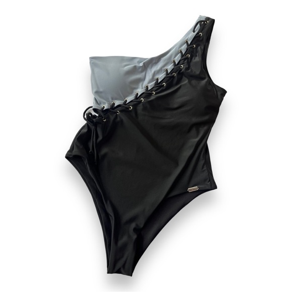 Maripily One Shoulder Asymmetrical Lace Up Blue/Black One Piece Swimsuit NEW XXL - Picture 2 of 8